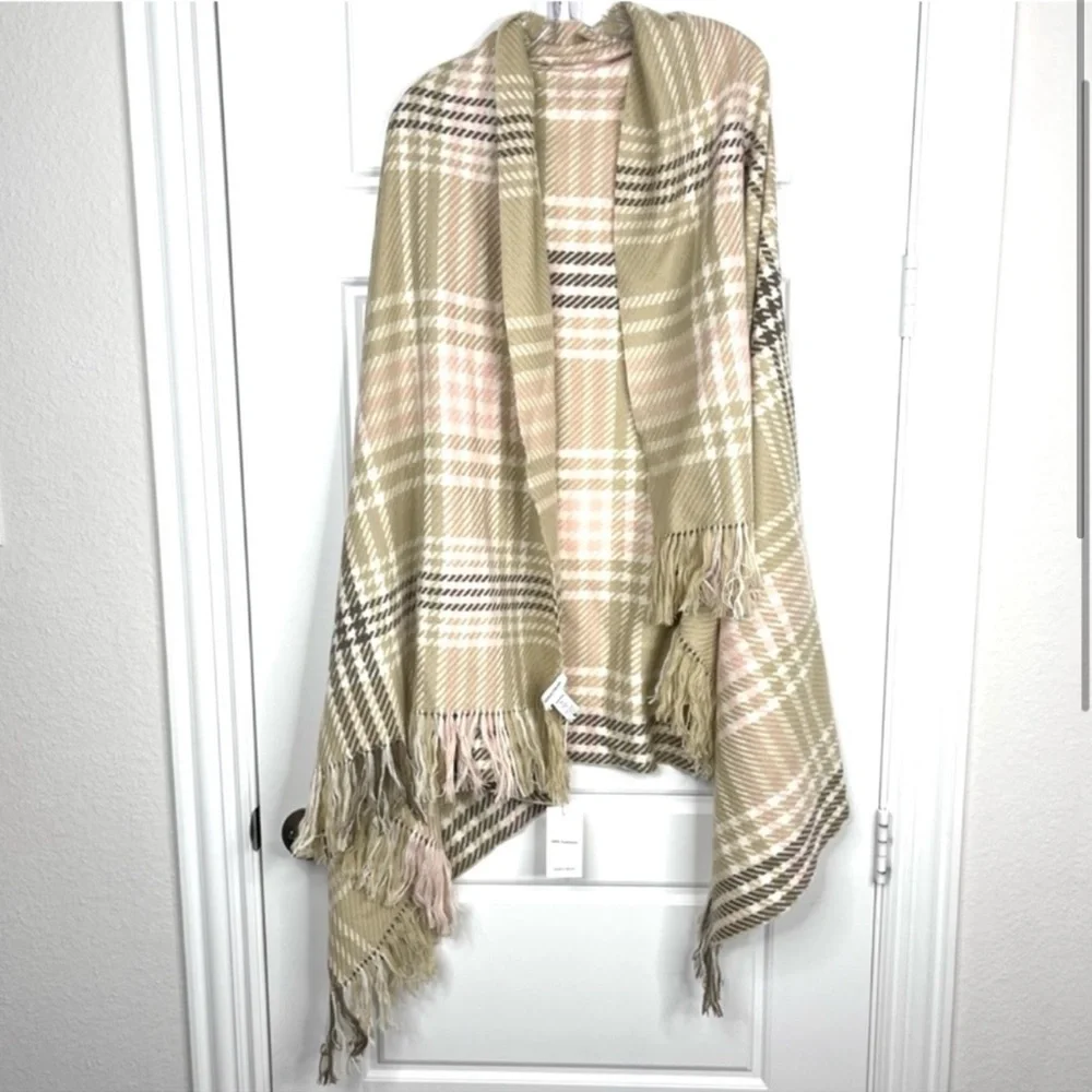 NORDSTROM 100% Cashmere NEW Plaid Wrap Oversized Scarf In Tan Combo NEW